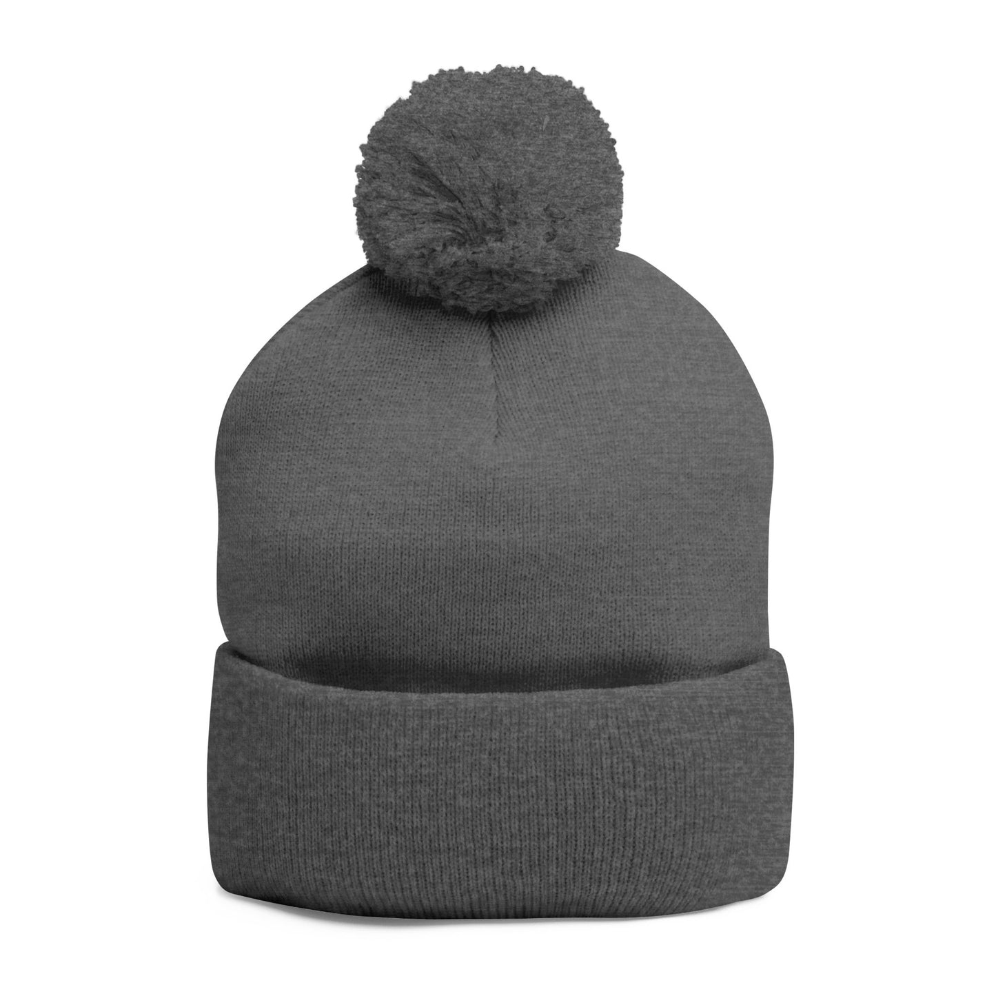 Embroidered Pom-Pom Knit Cap — Cozy Grey Beanie with Small Gold Stitching
