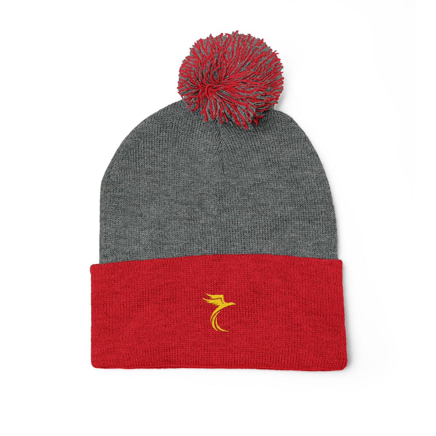 Embroidered Pom-Pom Knit Cap — Cozy Grey Beanie with Small Gold Stitching