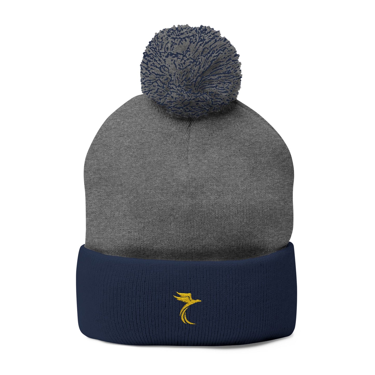 Embroidered Pom-Pom Knit Cap — Cozy Grey Beanie with Small Gold Stitching