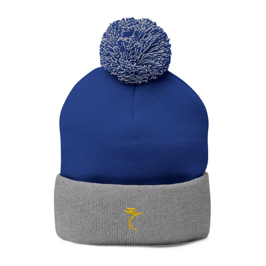 Embroidered Pom-Pom Knit Cap — Cozy Grey Beanie with Small Gold Stitching