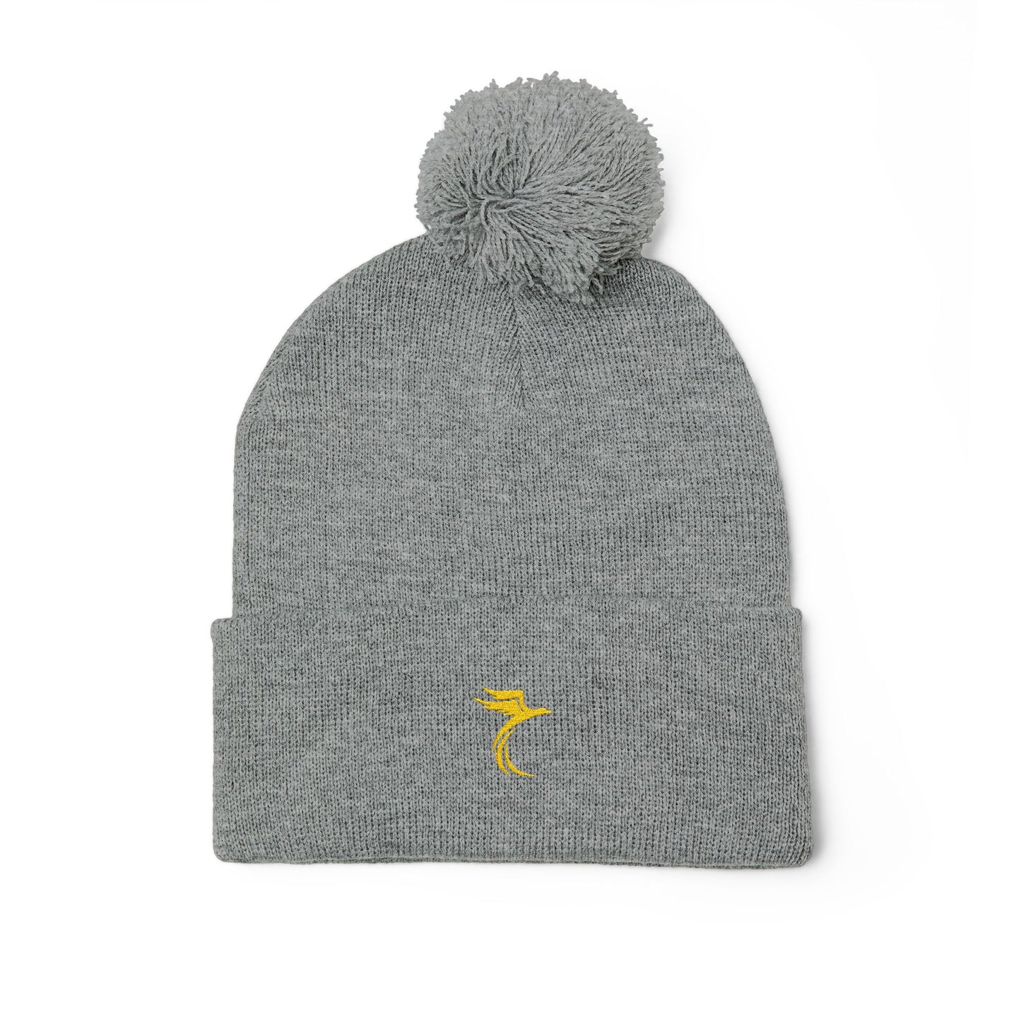 Embroidered Pom-Pom Knit Cap — Cozy Grey Beanie with Small Gold Stitching