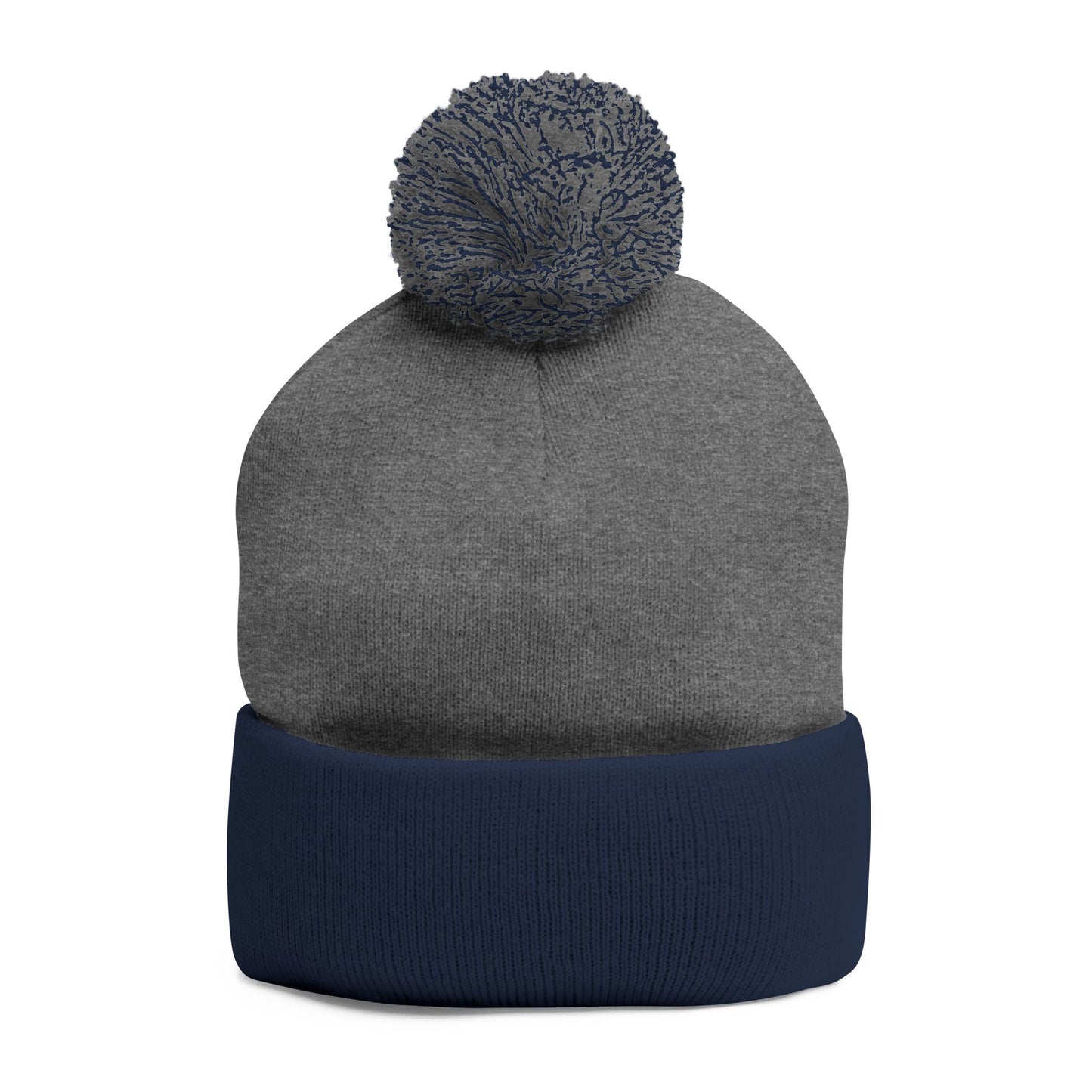 Embroidered Pom-Pom Knit Cap — Cozy Grey Beanie with Small Gold Stitching