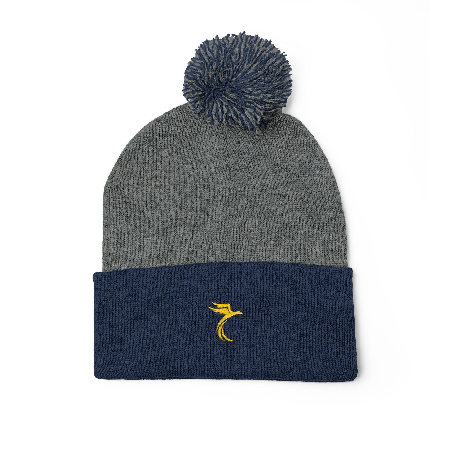 Embroidered Pom-Pom Knit Cap — Cozy Grey Beanie with Small Gold Stitching