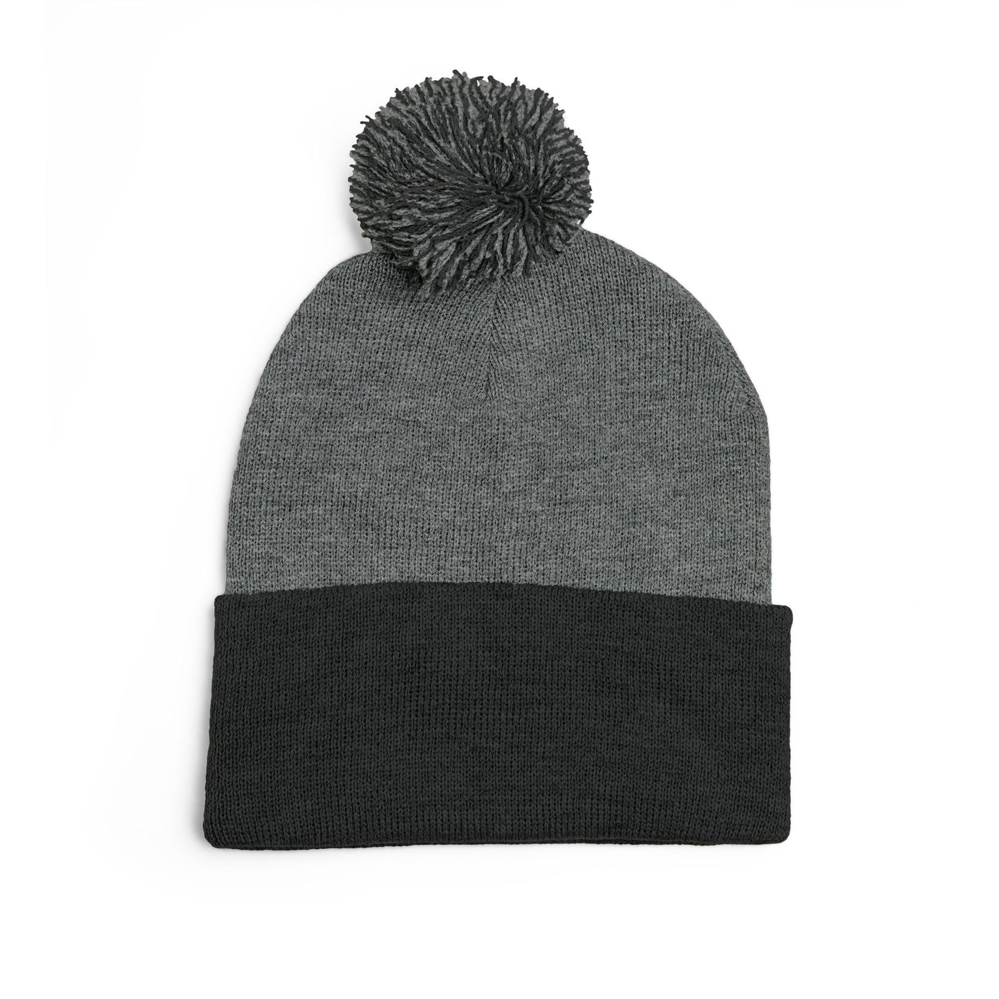 Embroidered Pom-Pom Knit Cap — Cozy Grey Beanie with Small Gold Stitching