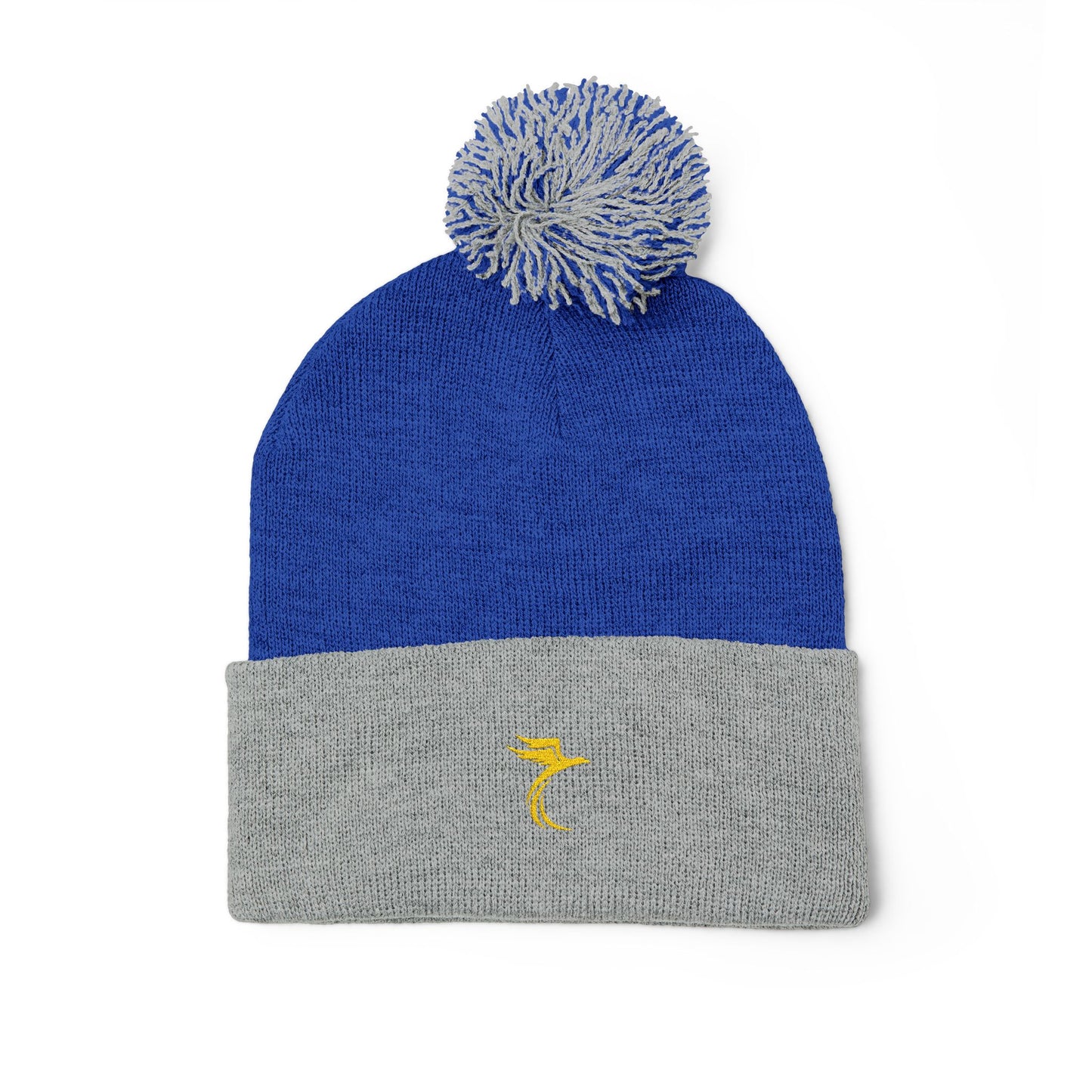 Embroidered Pom-Pom Knit Cap — Cozy Grey Beanie with Small Gold Stitching