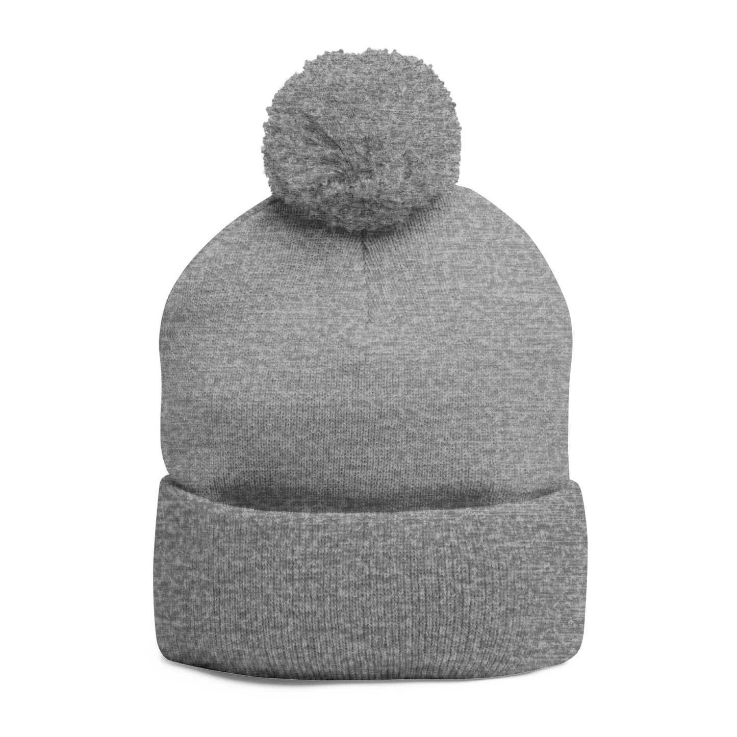 Embroidered Pom-Pom Knit Cap — Cozy Grey Beanie with Small Gold Stitching