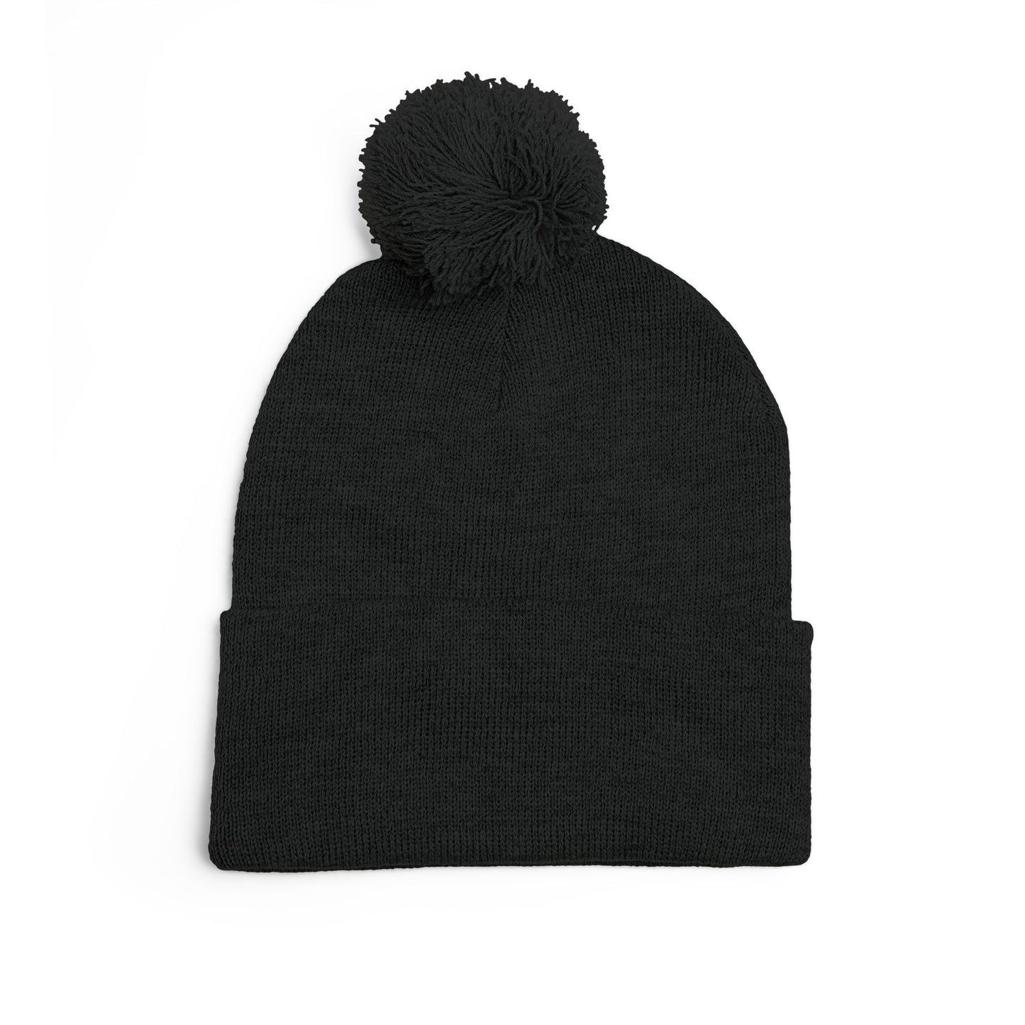 Embroidered Pom-Pom Knit Cap — Cozy Grey Beanie with Small Gold Stitching