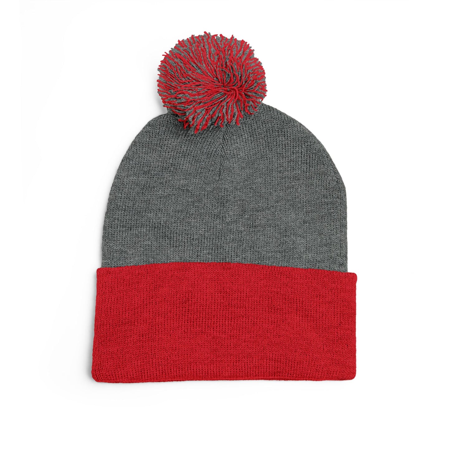 Embroidered Pom-Pom Knit Cap — Cozy Grey Beanie with Small Gold Stitching